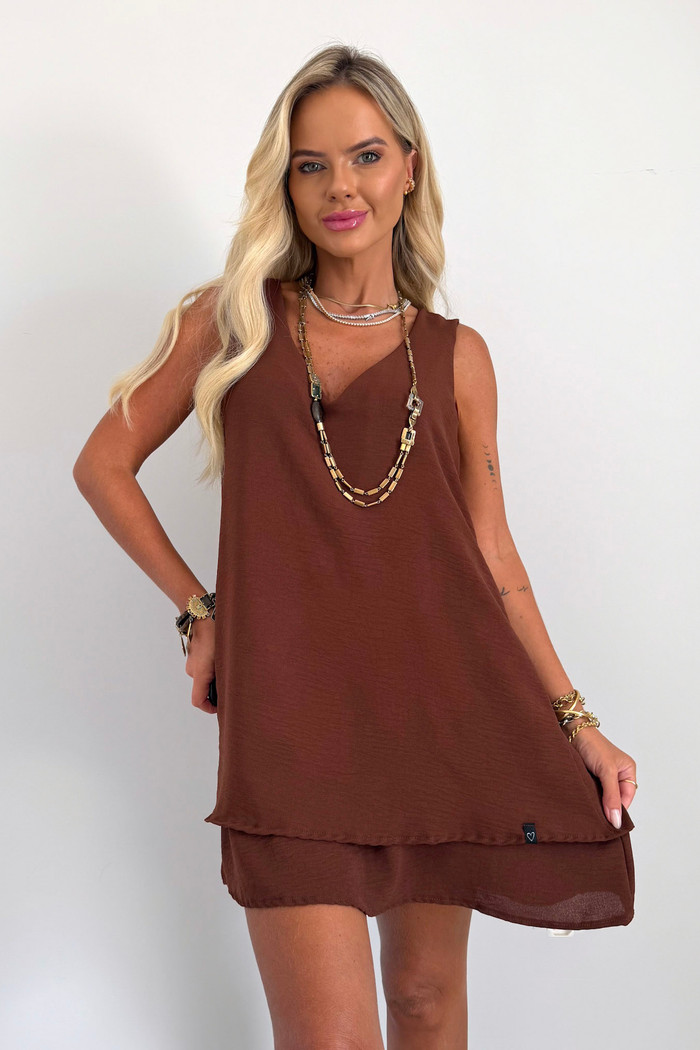 Vestido Maya Sem Mangas Marrom Café