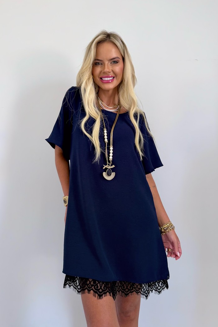 Vestido Manga Curta Com Renda Azul Marinho