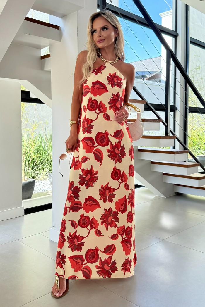 Vestido Longo Noronha Vermelho Floral Nude