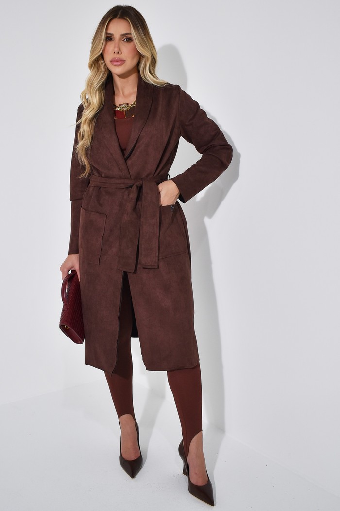 Casaco Longo Suede Marrom