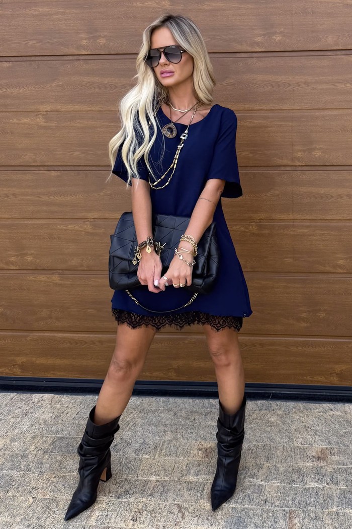 Vestido Manga Curta Com Renda Azul Marinho