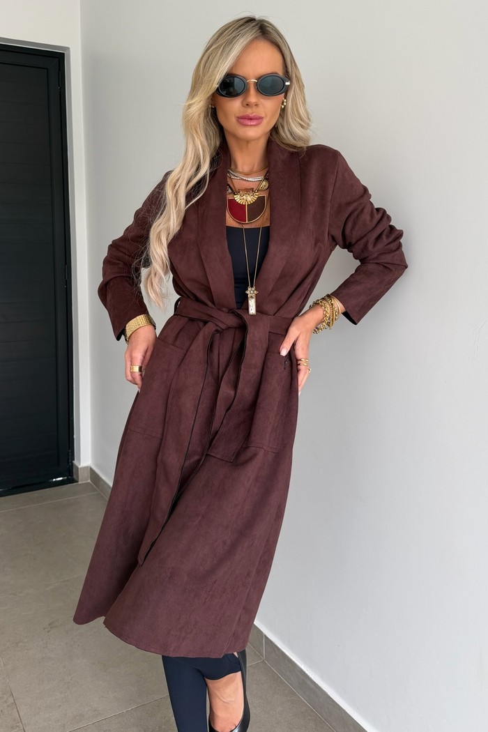 Casaco Longo Suede Marrom