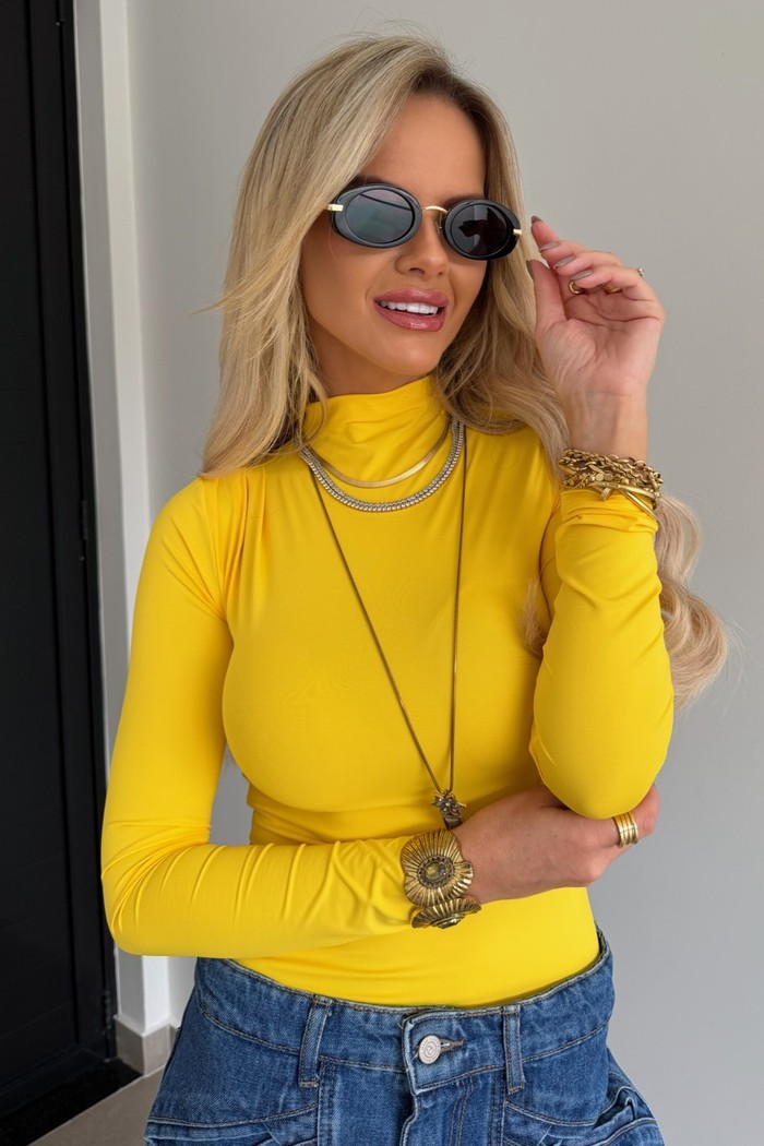 Blusa Manga Longa Drapeado No Ombro Amarelo