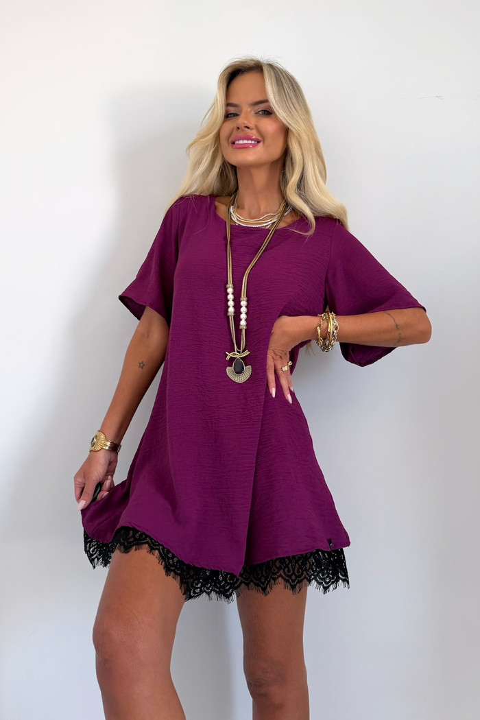 Vestido Curto Manga Curta Com Renda New Bordô