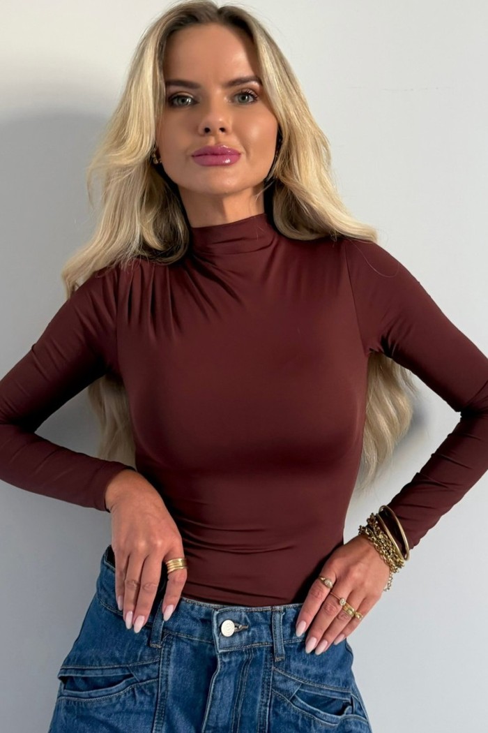 Blusa Manga Longa Drapeado No Ombro Marrom