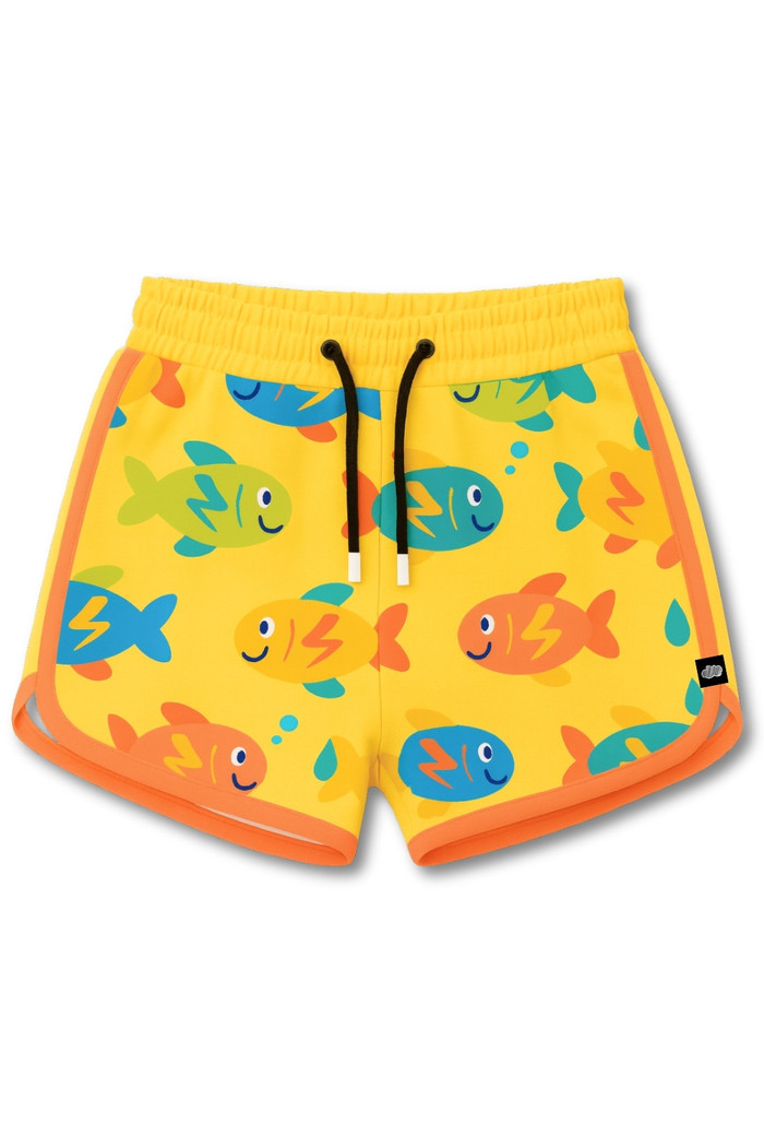 Short Infantil Boleado Tactel com ajuste na cintura UV 50+o Amarelo Peixinhos