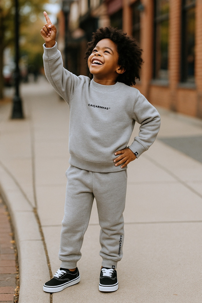Kit Cinza Caiçarinhas® Casaco + Calça Moletom Infantil Confortável