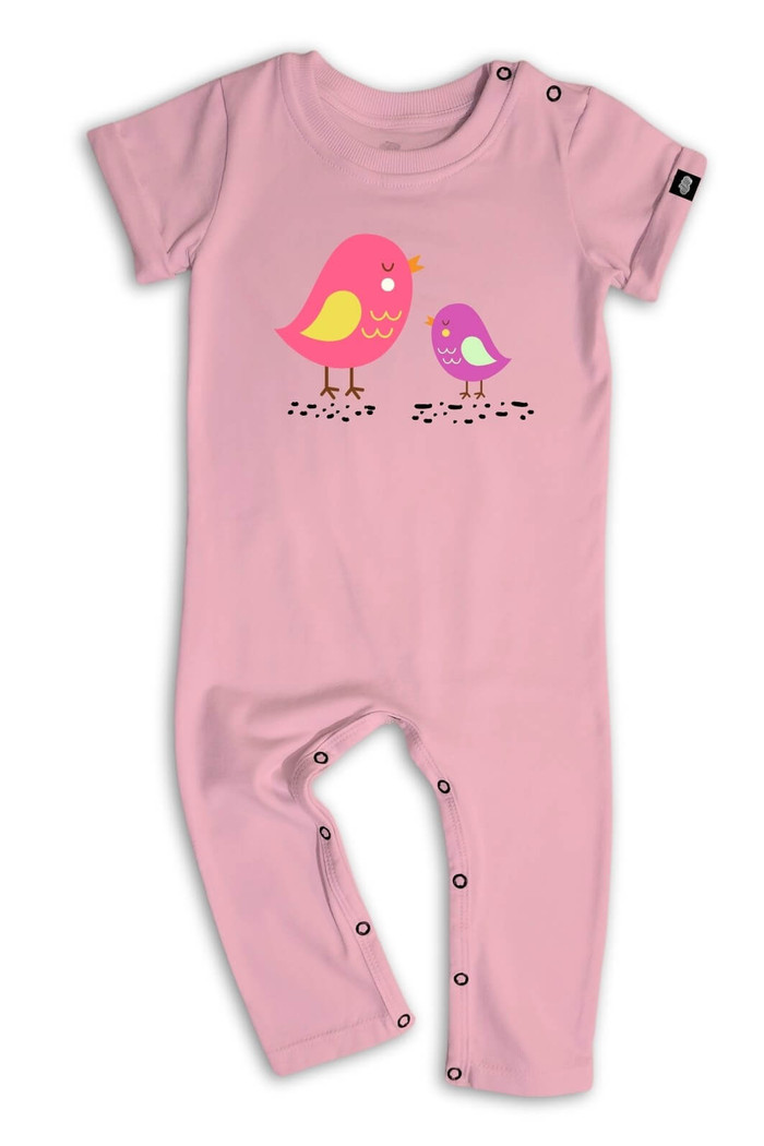 Macacão Bebê Longo Manga Curta Algodão Sustentável Rosa Passarinhos