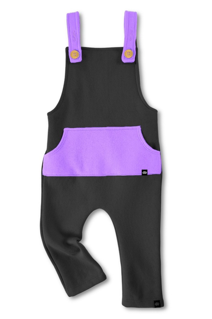 Jardineira Infantil Longa com Alça e Cintura Ajustável em Moletinho Colors Preta com Lilás