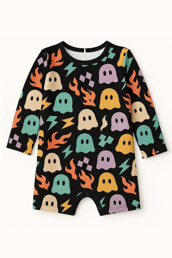 Macacão Praia Bebê Proteção Solar UV 50+ Manga Longa Preto Fantasminhas