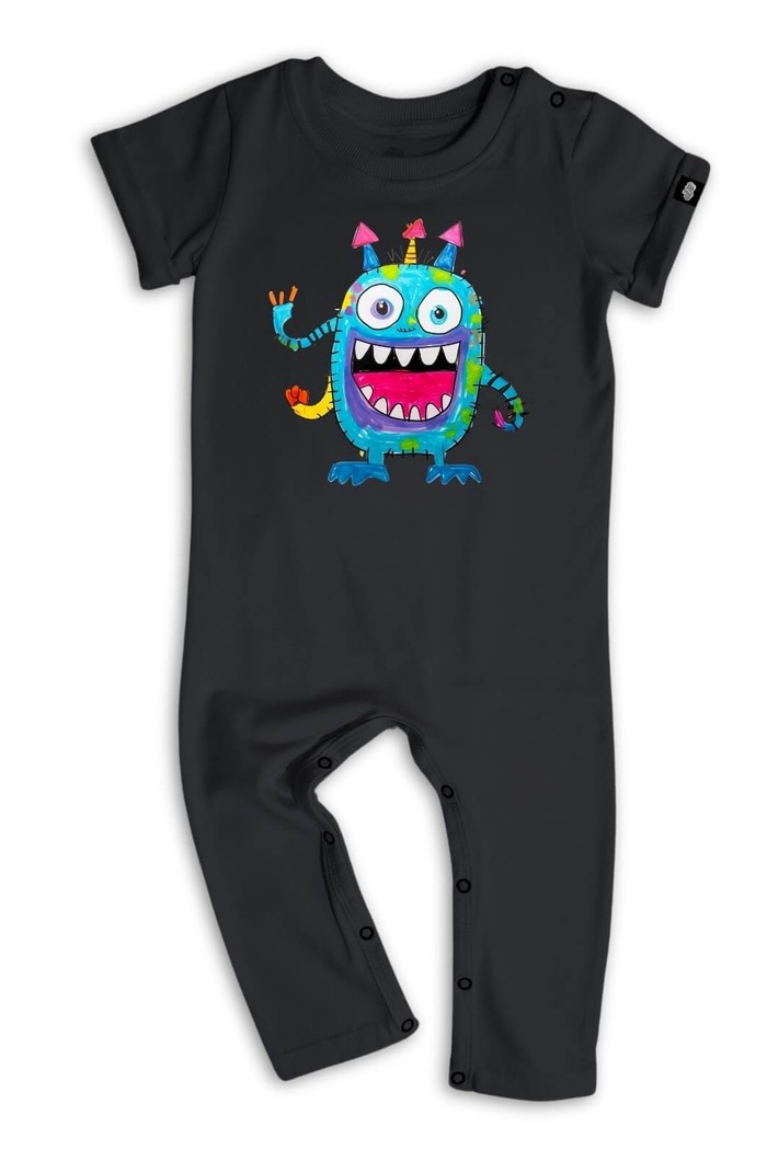 Macacão Bebê Longo Manga Curta Preto Monster