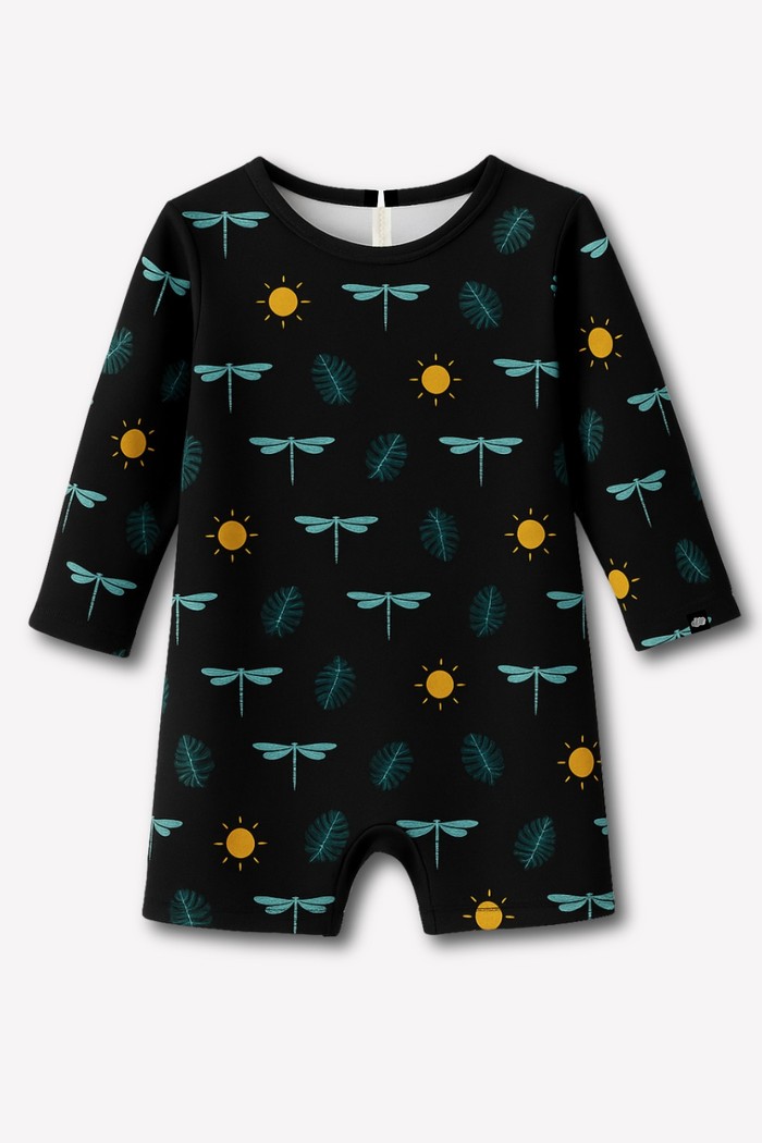 Macacão Praia Bebê Proteção Solar UV 50+ Manga Longa Preto Libélulas