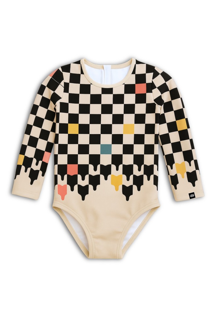 Maiô Manga Longa Proteção UV50+ Confortável Off White com Preto