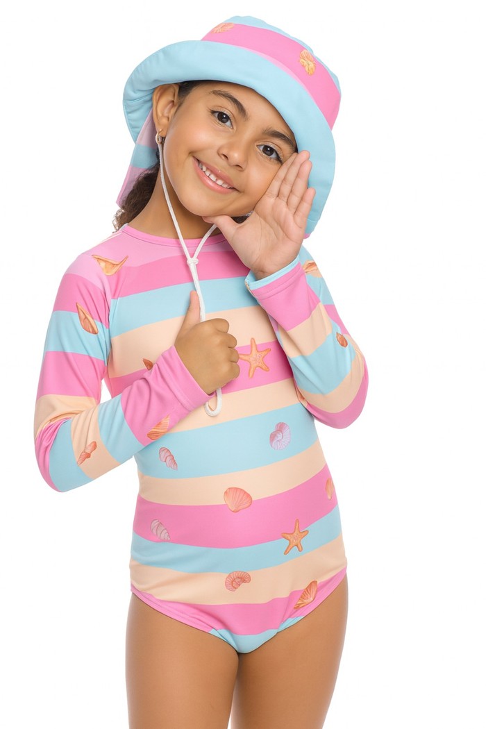 Maiô Infantil Proteção Solar UV 50+ Manga Longa e Zíper nas Costas Rosa Conchinhas