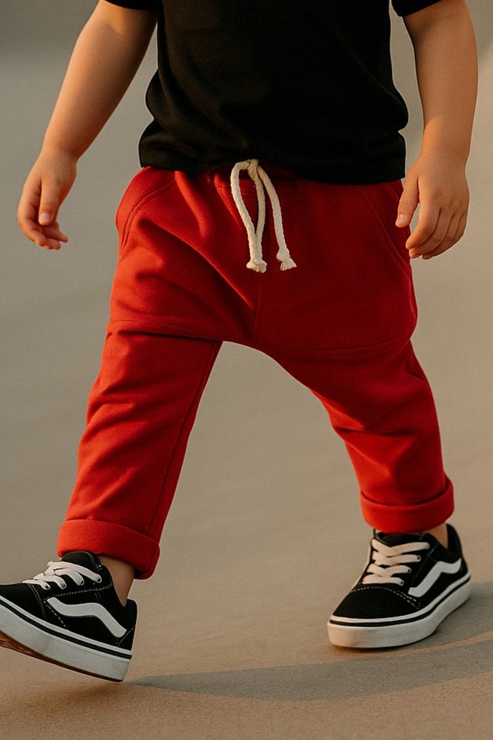 Calça Infantil Saruel Vermelha com ajuste na cintura, bolso frontal em moletinho