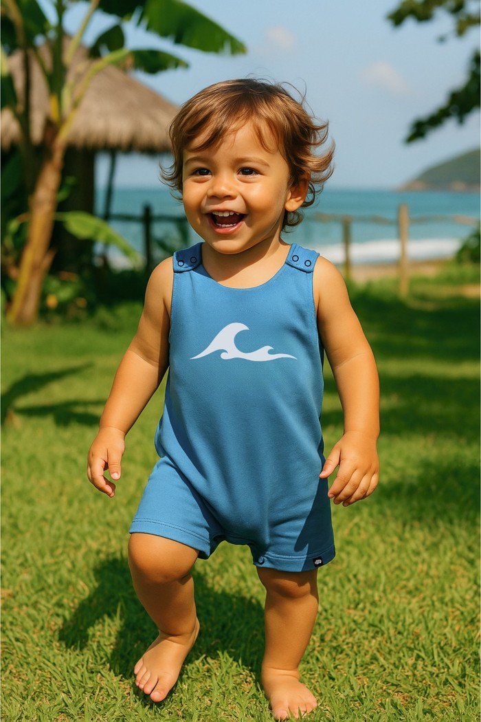 Macacão Curto Manga Regata Azul Onda Algodão Macio Sustentável