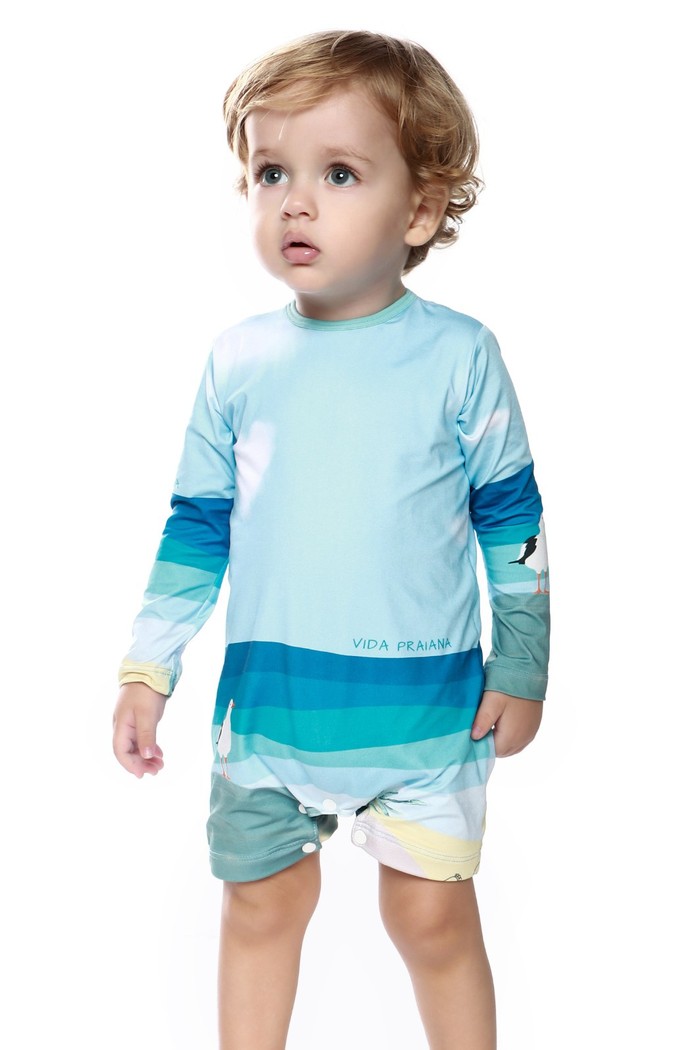 Macacão Praia Bebê Proteção Solar UV 50+ Manga Longa Azul Vida Praiana