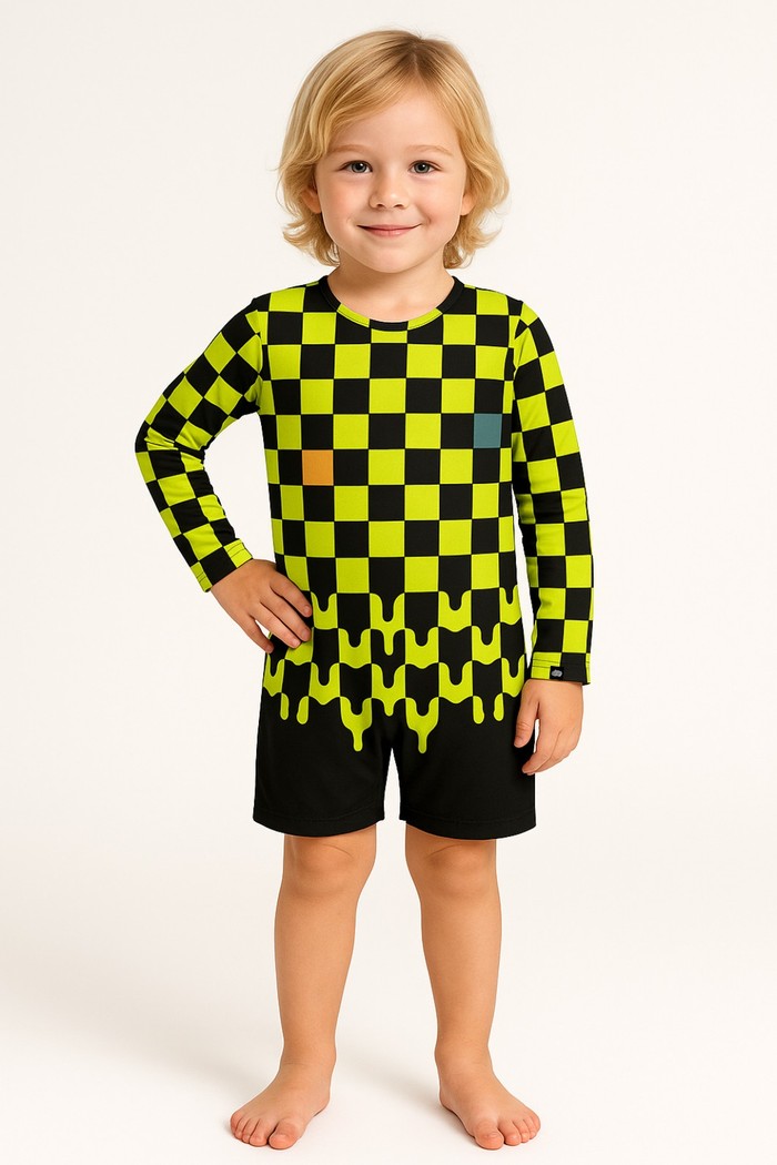 Macacão Praia Bebê Proteção Solar UV 50+ Manga Longa Preto e Verde Quadriculados