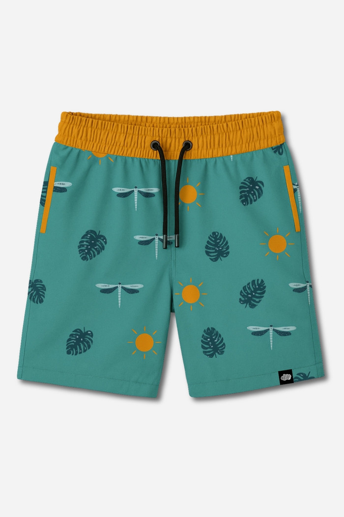 Short Infantil Tactel de banho com ajuste na cintura e proteção UV 50+ Verde Libélulas