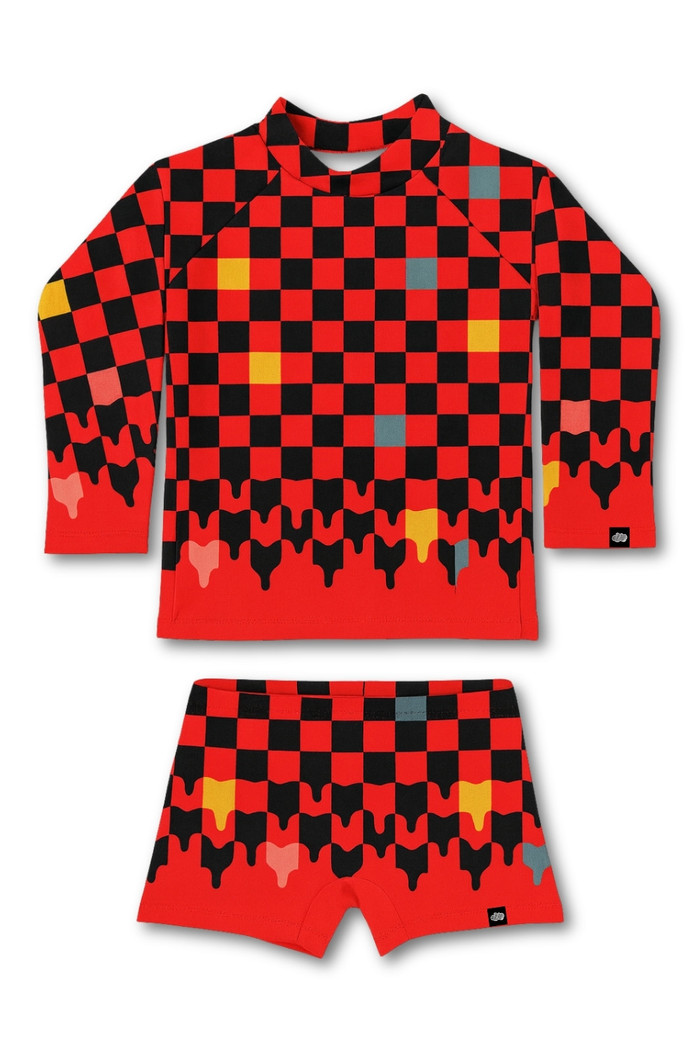 Camisa + Sunga Proteção UV50+ Confortável Vermelho Quadriculados