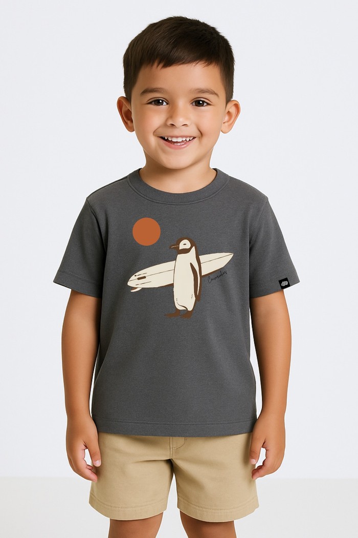 Camiseta Infantil Manga Curta Cinza Pinguim Surf