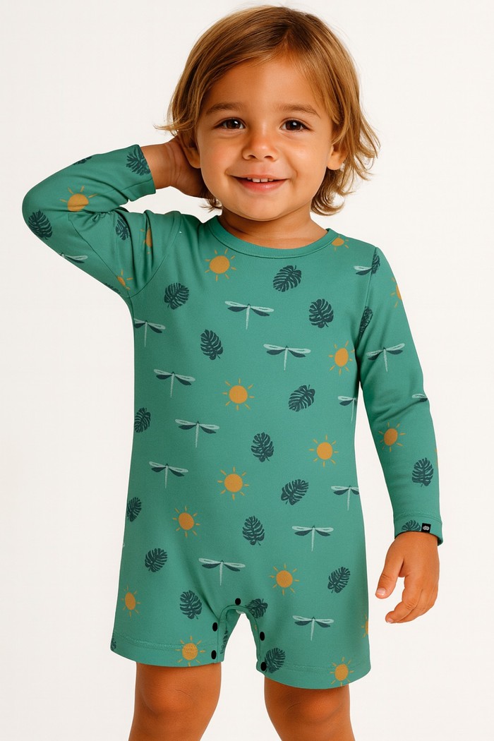Macacão Praia Bebê Proteção Solar UV 50+ Manga Longa Verde Libélulas