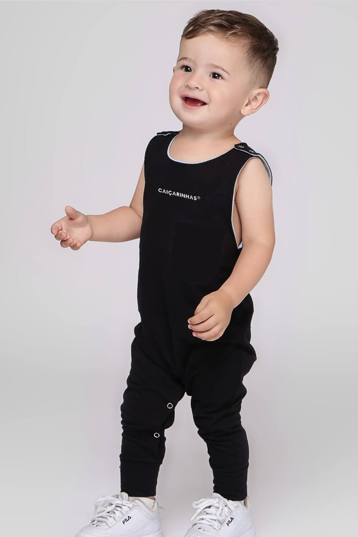 Macacão Bebê Regata Longo Preto Básico Caiçarinhas