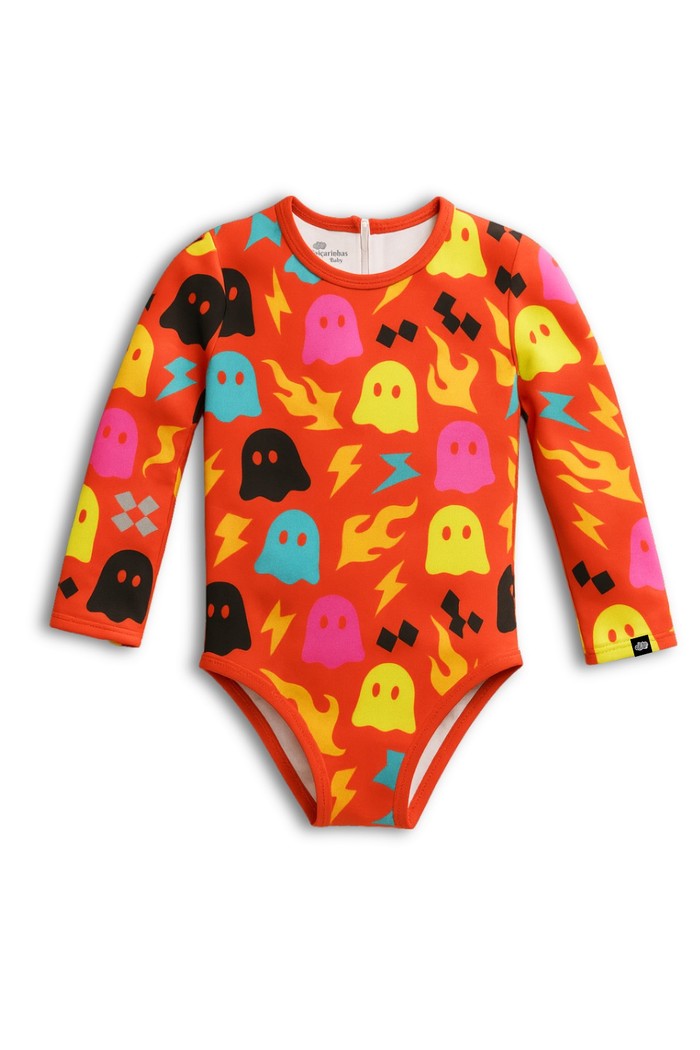 Maiô Manga Longa Proteção UV50+ Confortável Vermelho Fantasminhas