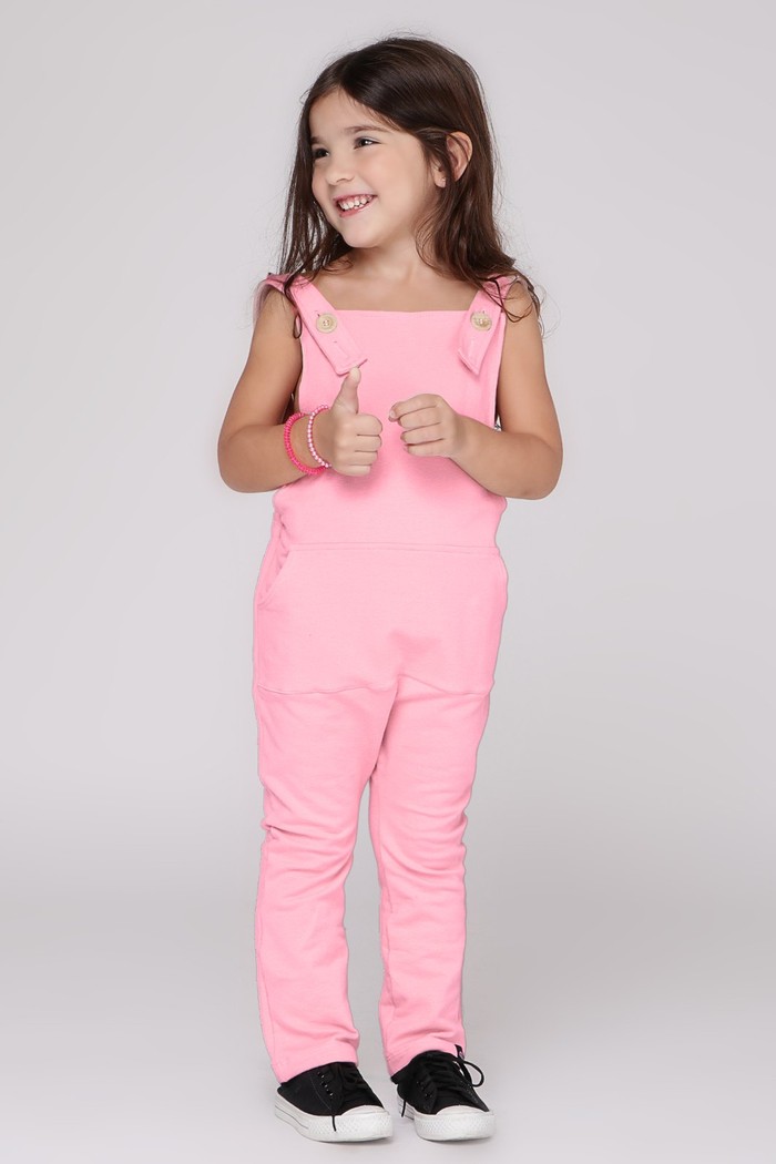 Jardineira Infantil Longa com Alça e Cintura Ajustável Rosa Claro em Moletinho