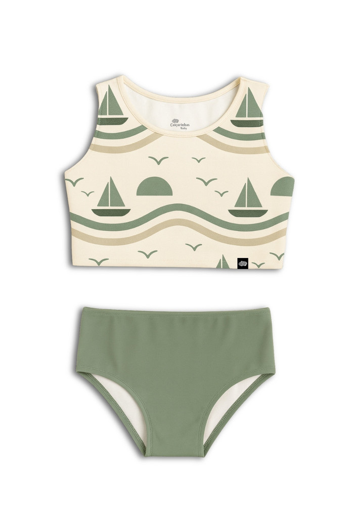 Cropped Regata e Calcinha Alta Proteção UV50+ Off White Barquinhos