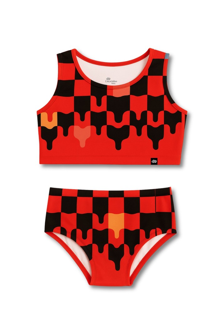 Cropped Regata e Calcinha Alta Proteção UV50+ Vermelho Quadriculados