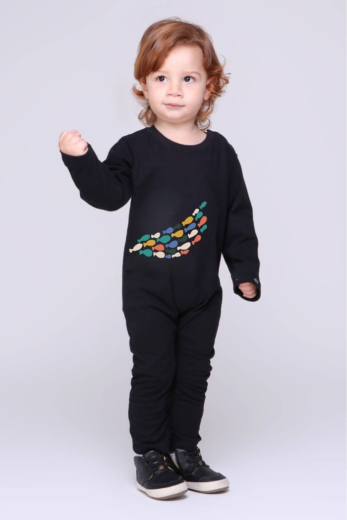 Macacão Bebê Longo Manga Longa Preto Cardume