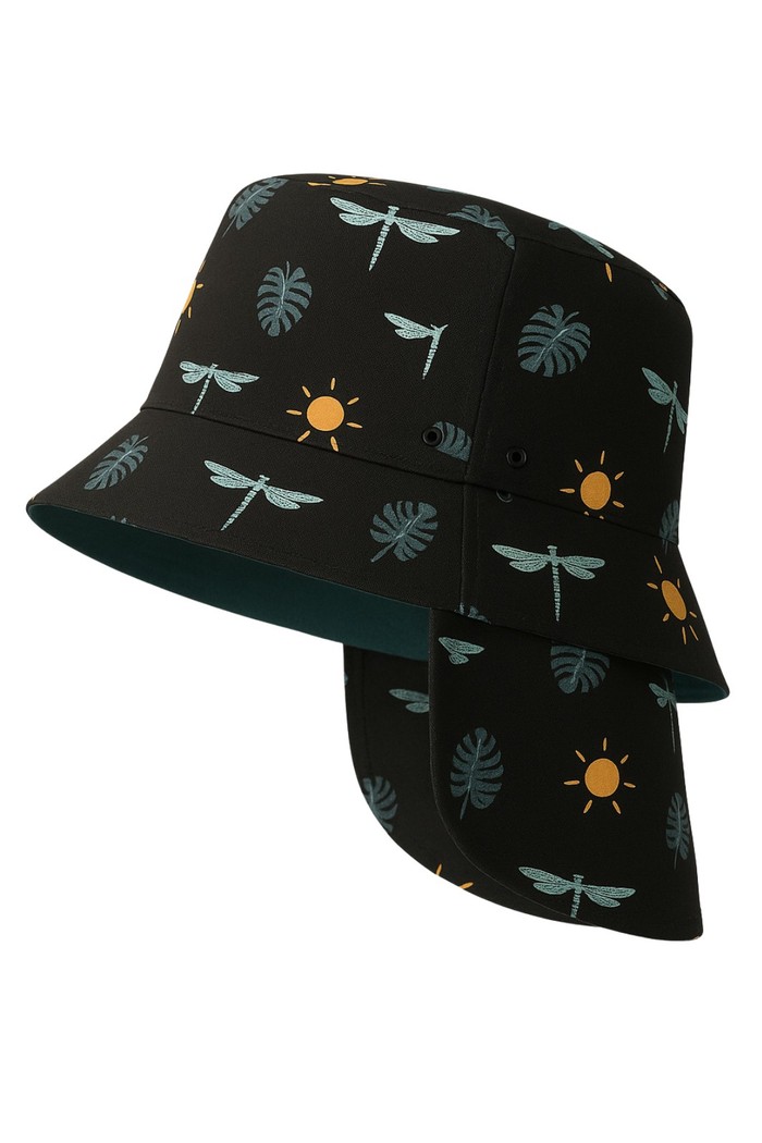 Chapéu infantil Proteção Solar UV 50+ Dupla Face Ajustável Preto Libélulas