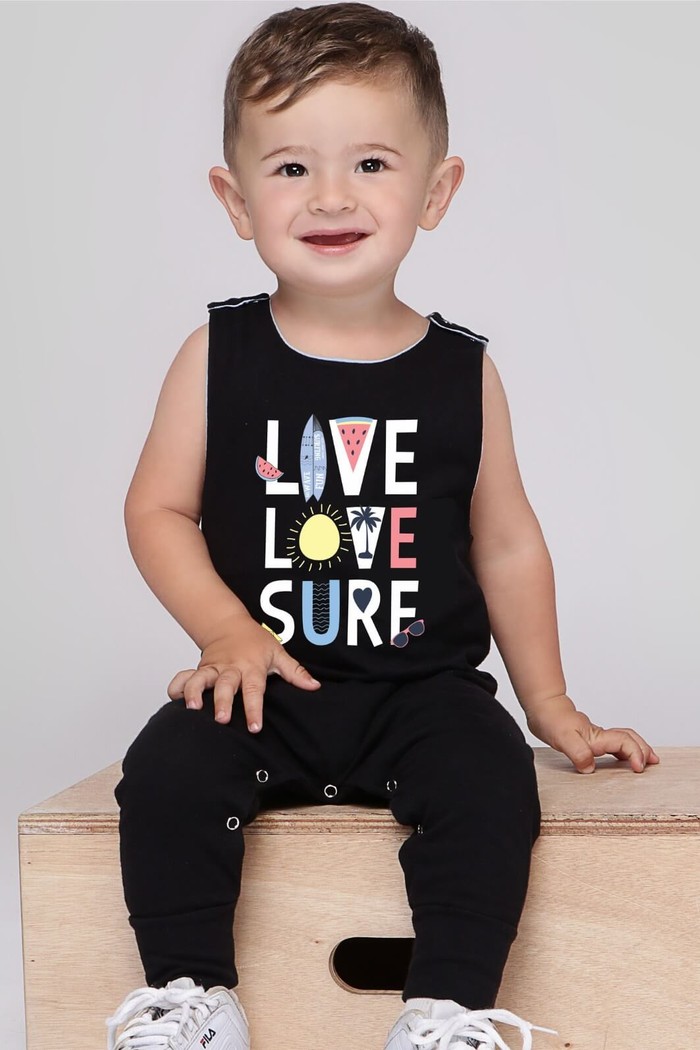 Macacão Bebê Regata Longo Preto Live, Love e Surf