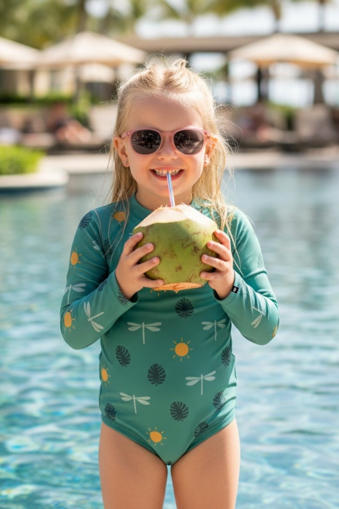 Maiô Manga Longa Proteção UV50+ Confortável Verde Libélulas