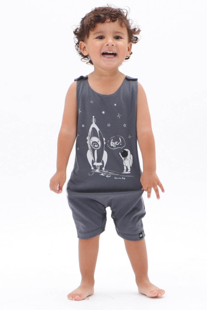 Macacão Bebê Regata Curto Algodão Sustentável Cinza Chumbo Astronauta Bye