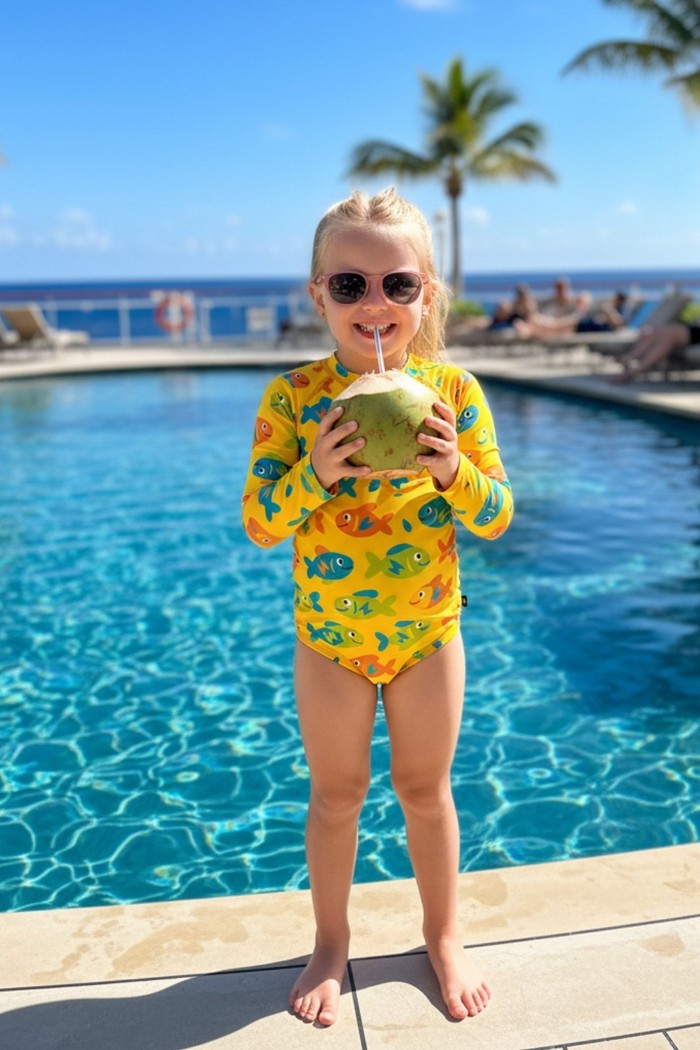 Maiô Manga Longa Proteção UV50+ Confortável Amarelo Peixinhos