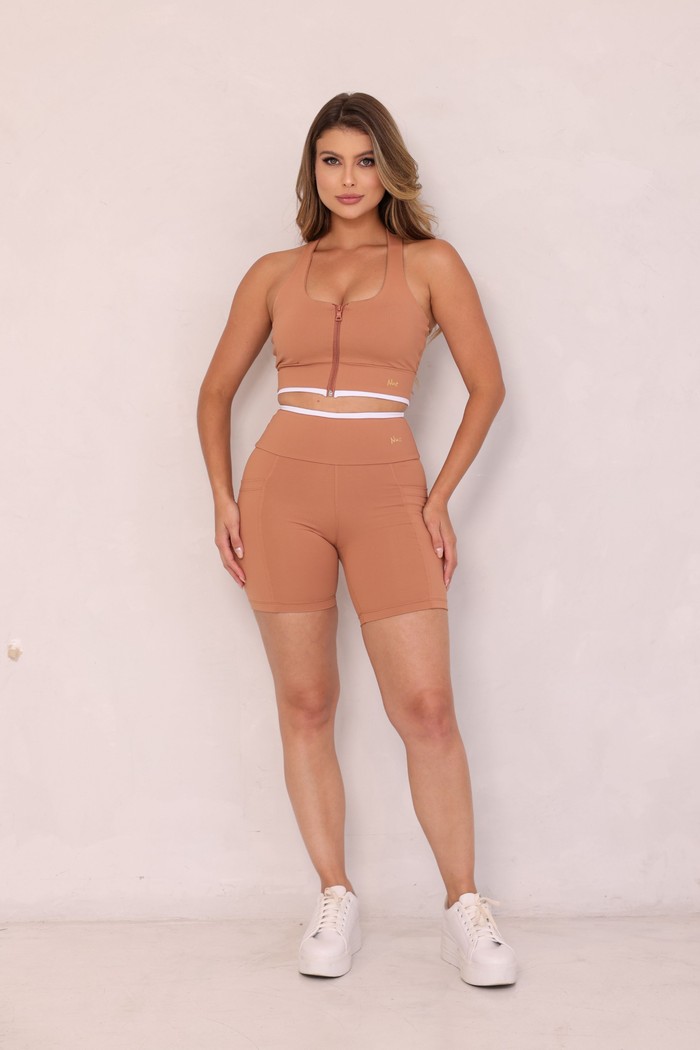 CONJUNTO FITNESS TOP E BERMUDA - MOCHA MOUSSE