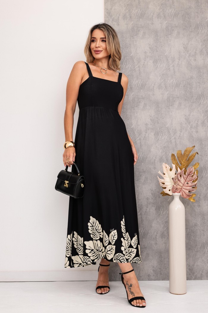 VESTIDO DECOTE QUADRADO ALÇA LARGA - ESTAMPA PRETA