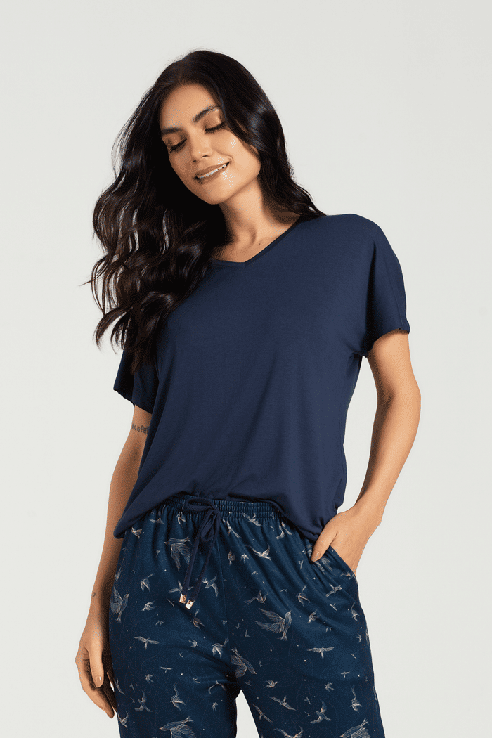 PIJAMA MEIA MANGA EM VISCOLYCRA COM CALCA EM MALHA SOFT TOUCH FEMININO 