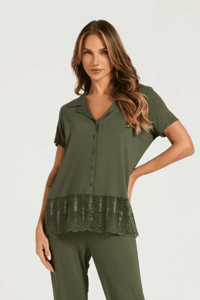 PIJAMA MEIA MANGA ABERTURA FRONTAL COM CALCA EM VISCOLYCRA FEMININO