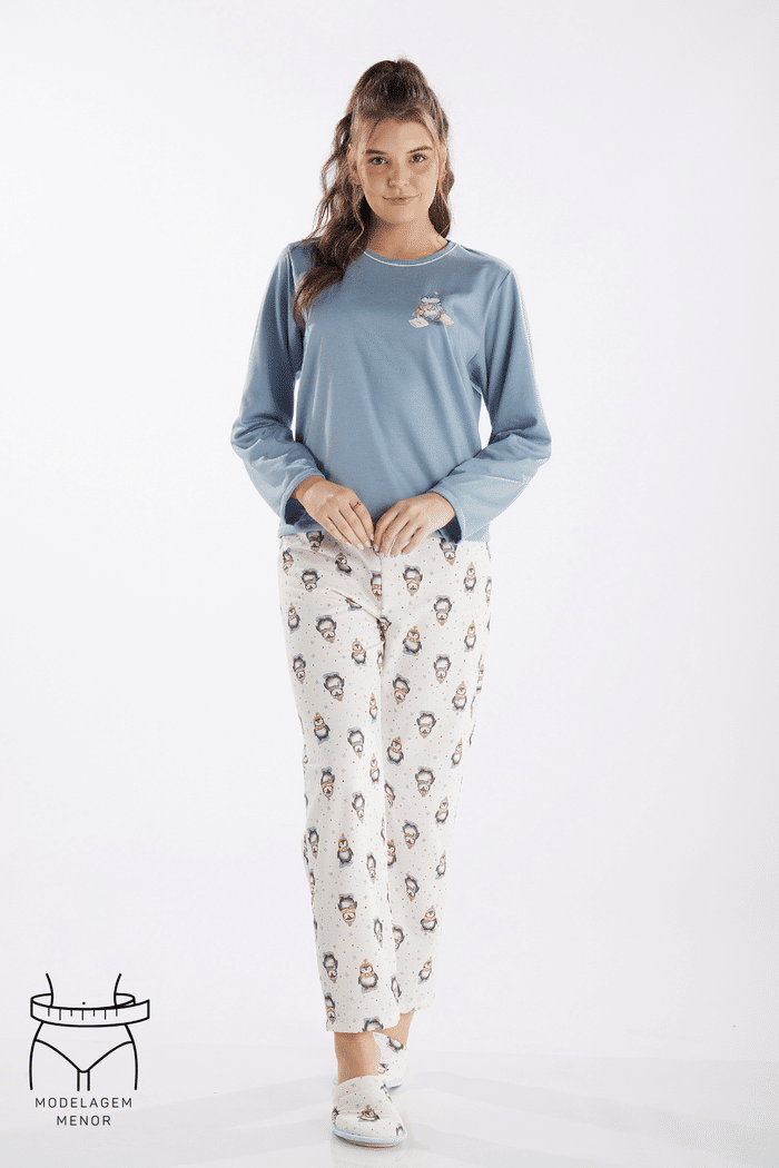 PIJAMA MANGA LONGA EM MOLETINHO COM CALCA EM MOLETINHO ROTATIVO FEMININO 