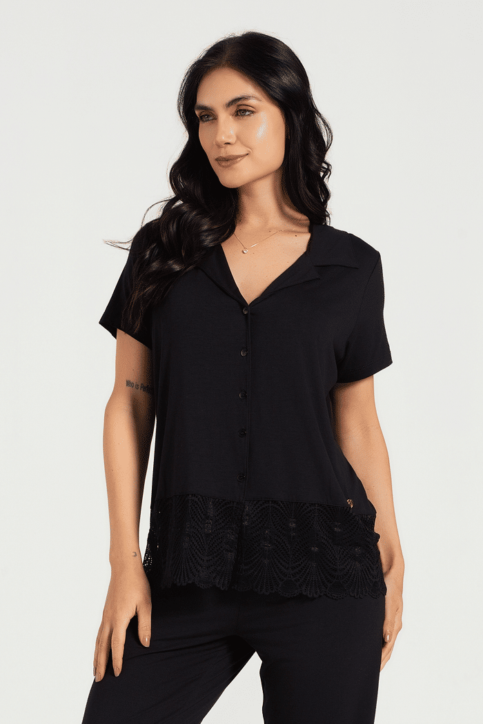 PIJAMA MEIA MANGA ABERTURA FRONTAL COM CALCA EM VISCOLYCRA FEMININO