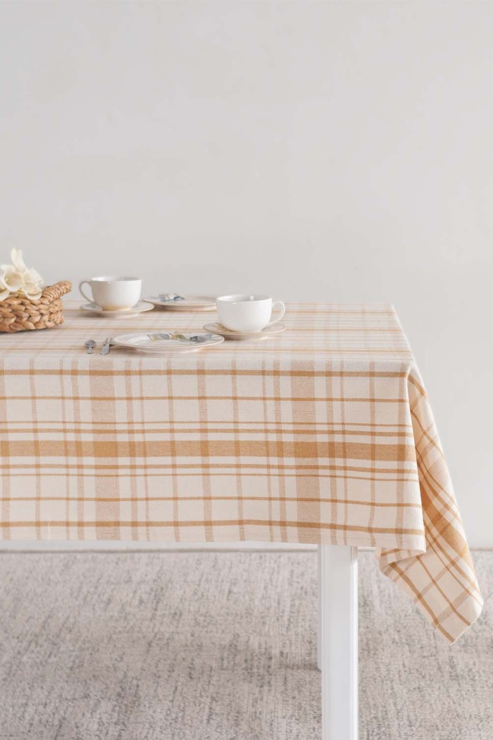 Toalha de Mesa Lisa Rustica Efeito Linho de Algodão Xadrez Bege Claro 1,40x3,50