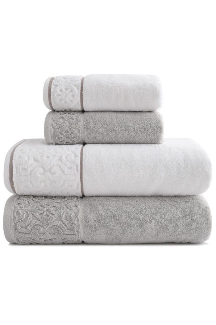 Jogo de Toalha Banhão 500g 4 peças Super Soft Zero Twist Arabesco - Branco e Cinza