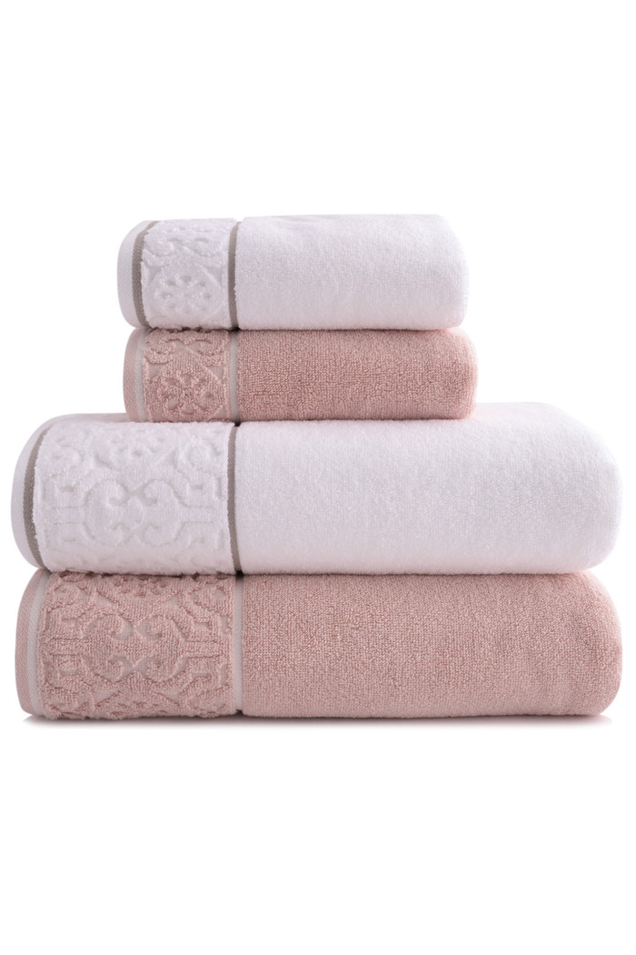 Jogo de Toalha Banhão 500g 4 peças Super Soft Zero Twist Arabesco - Branco e Rosa