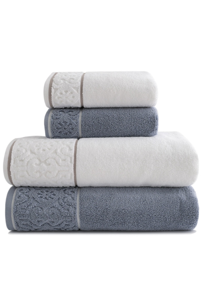 Jogo de Toalha Banhão 500g 4 peças Super Soft Zero Twist Arabesco - Branco e Azul