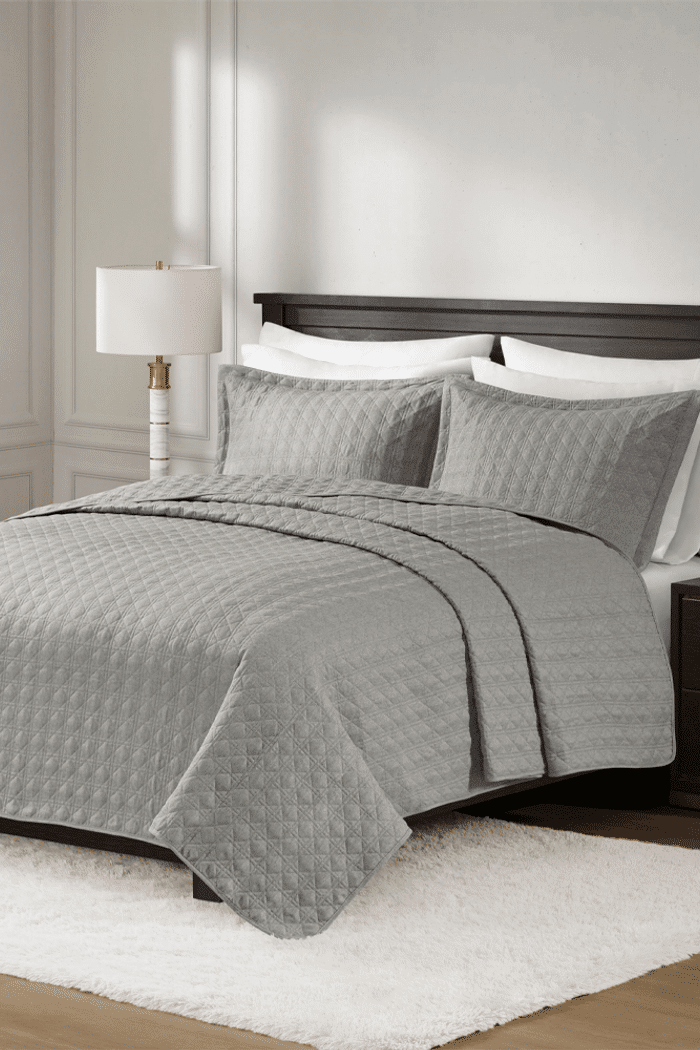 Kit Colcha Super King Efeito Linho Matelassê Costurado Alta Gramatura - Cinza