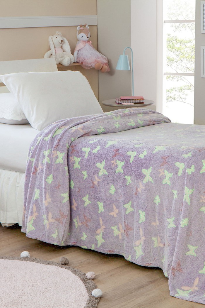 Manta Infantil Solteiro Microfibra Soft Brilha no Escuro - Borboletas