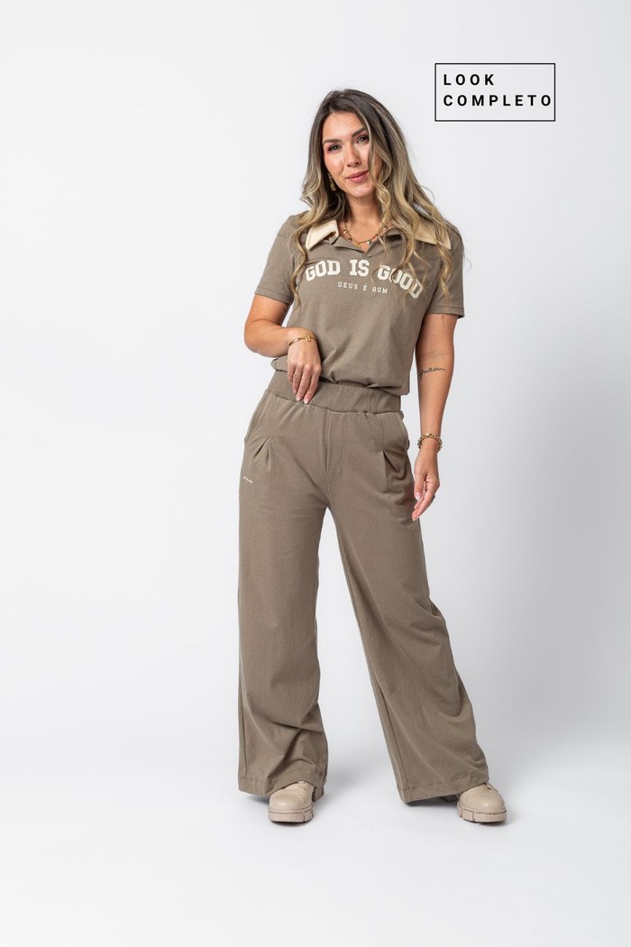 CONJUNTO IDENTIDADE CAQUI - POLO DEUS É BOM + CALÇA CAQUI